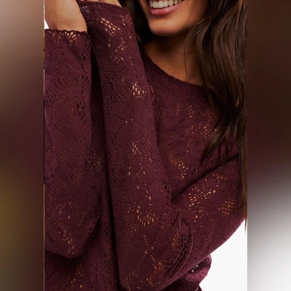 Free People Fitted Long Sleeve Semisheer Lace Top